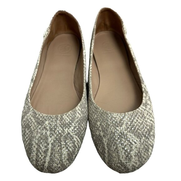TORY BURCH Travel T Snake Embossed Sparkling Leather Ballet Flats Roccia 9M - Picture 2 of 12